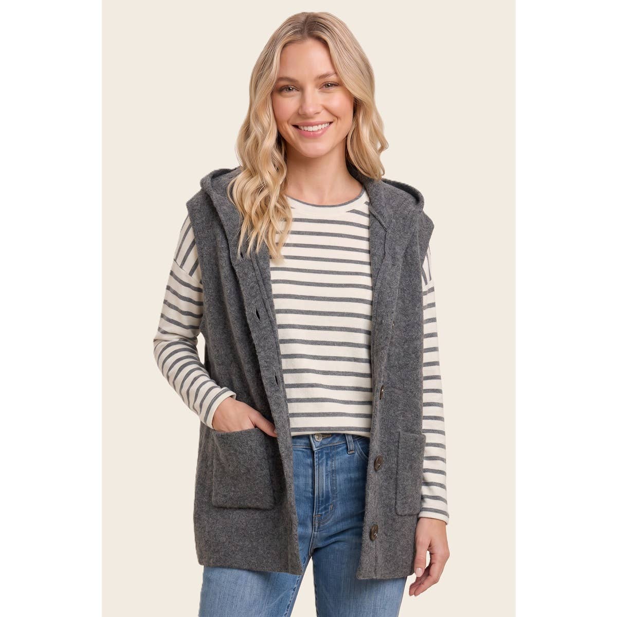 BUTTON DOWN HOODIE VEST CARDIGAN