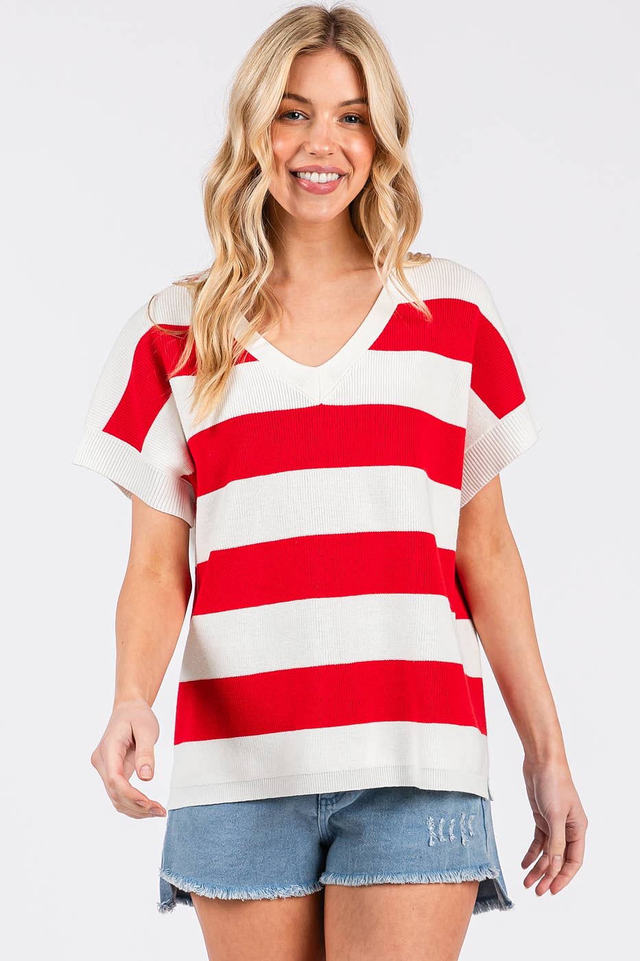 VIBRANT STRIPED SHORT SLEEVE SWEATER KNIT TOP *FINAL SALE*