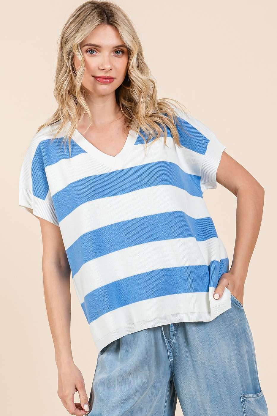 VIBRANT STRIPED SHORT SLEEVE SWEATER KNIT TOP *FINAL SALE*