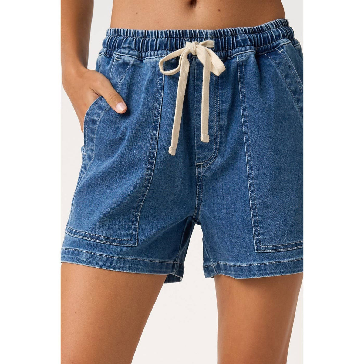 WASHED DENIM DRAWSTRING PATCH POCKET SHORTS-Final Sale