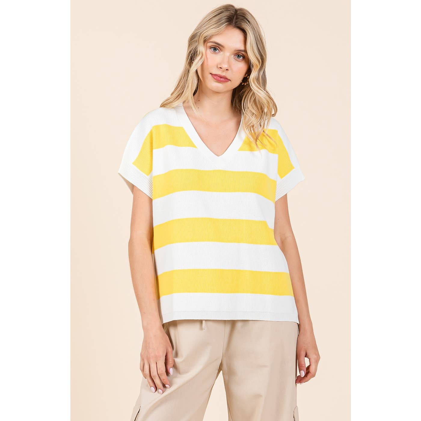 VIBRANT STRIPED SHORT SLEEVE SWEATER KNIT TOP *FINAL SALE*