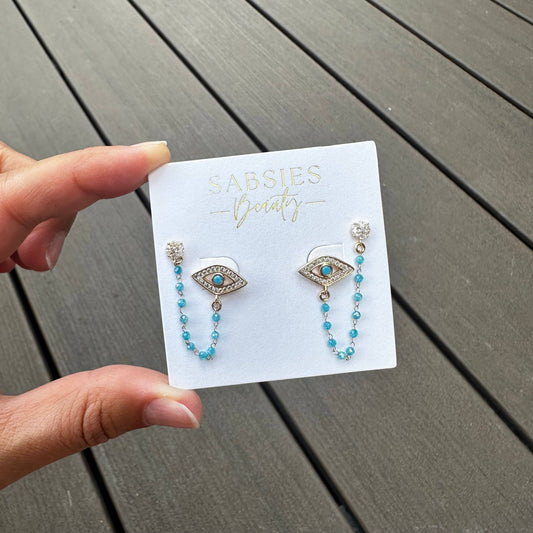 Aqua Chain Evil Eye Stud