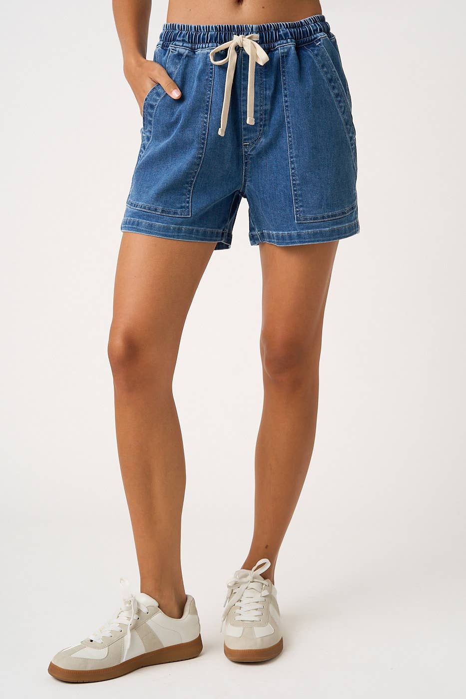 WASHED DENIM DRAWSTRING PATCH POCKET SHORTS-Final Sale