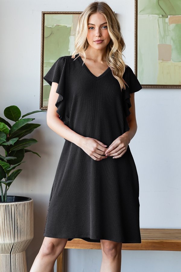 Black Corded Flutter Sleeve Dress *Final Sale*